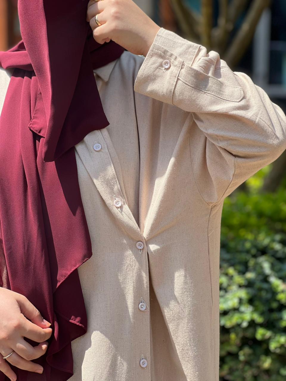 Beige Linen Long Shirt Dress