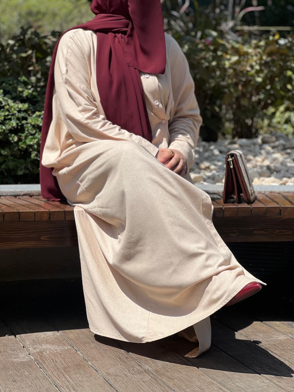 Beige Linen Long Shirt Dress