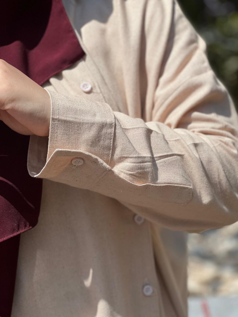 Beige Linen Long Shirt Dress
