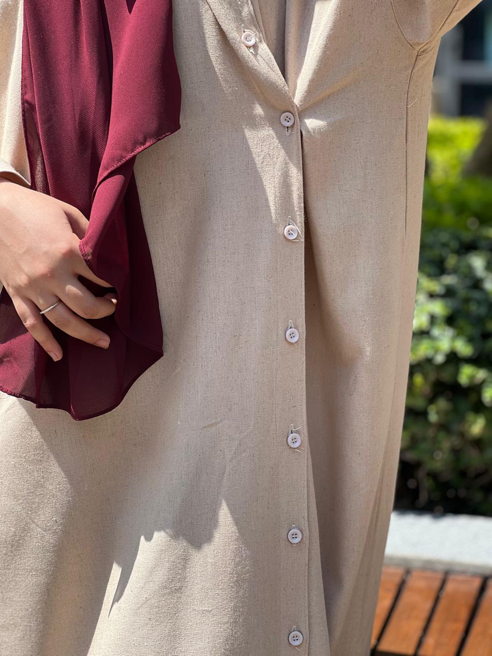 Beige Linen Long Shirt Dress